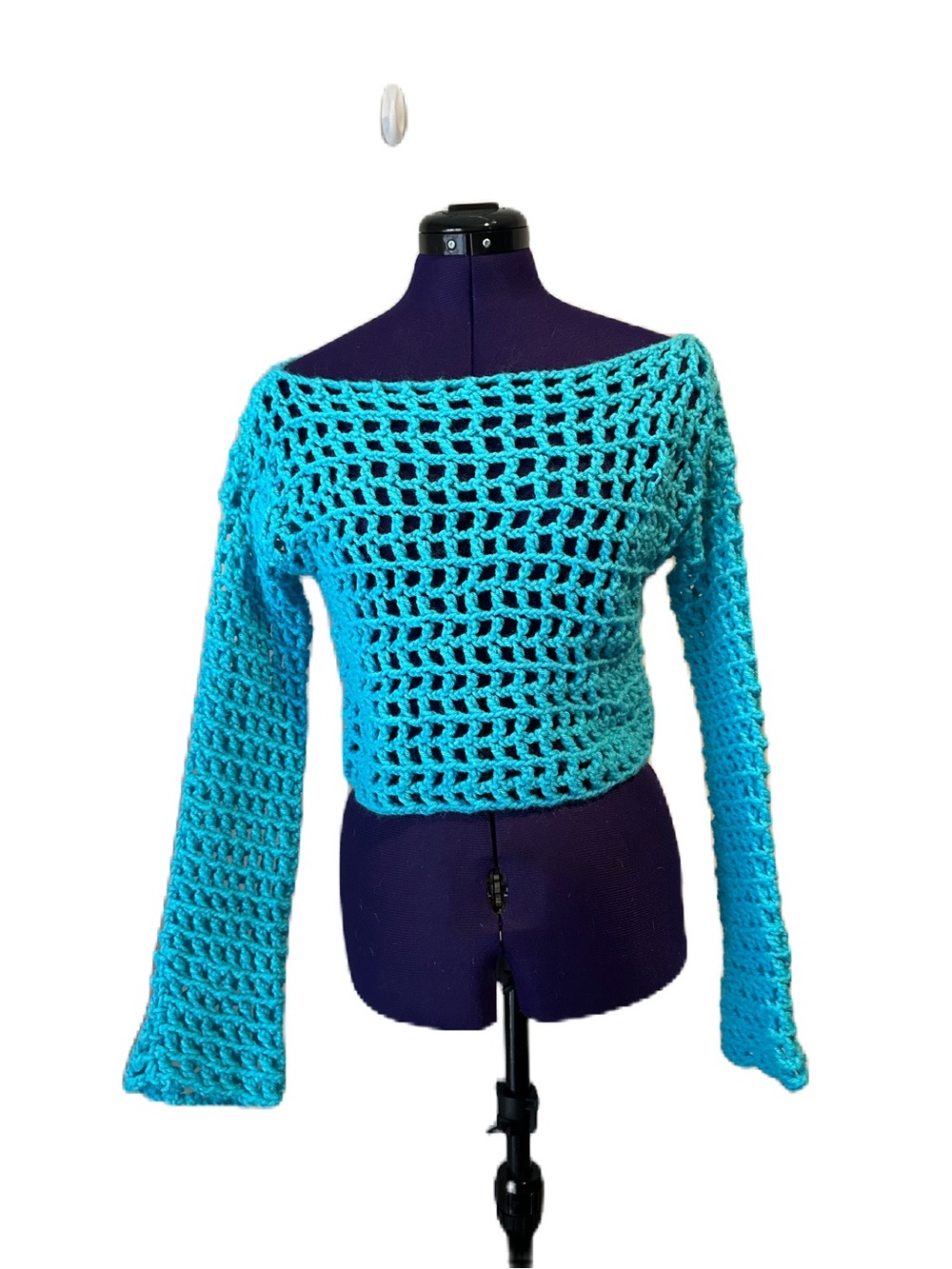 Blue Crochet Knit Long Sleeve Crop Top